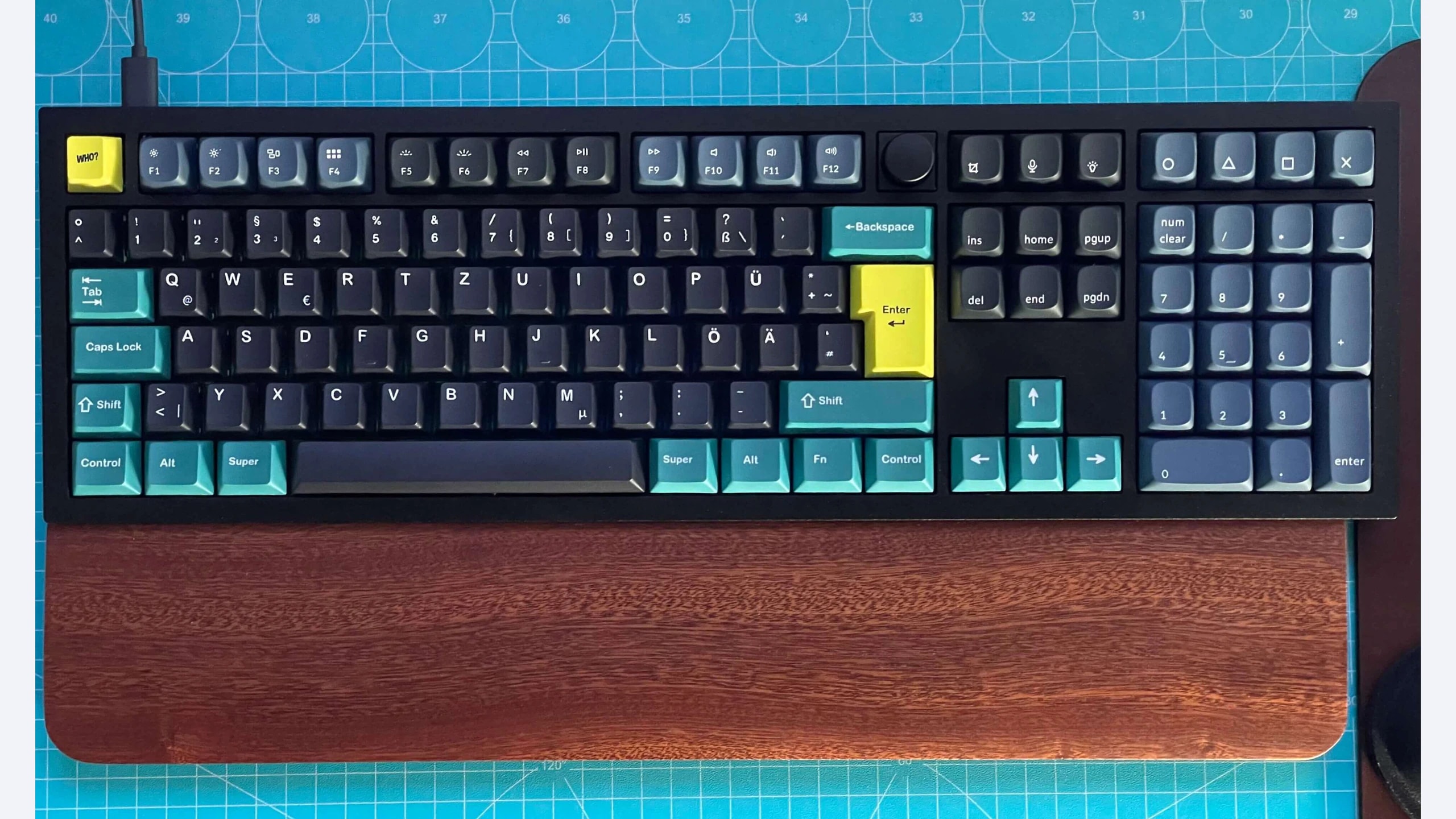 Keychron Q6 full-size keyboard with custom dark, teal and yellow keycaps